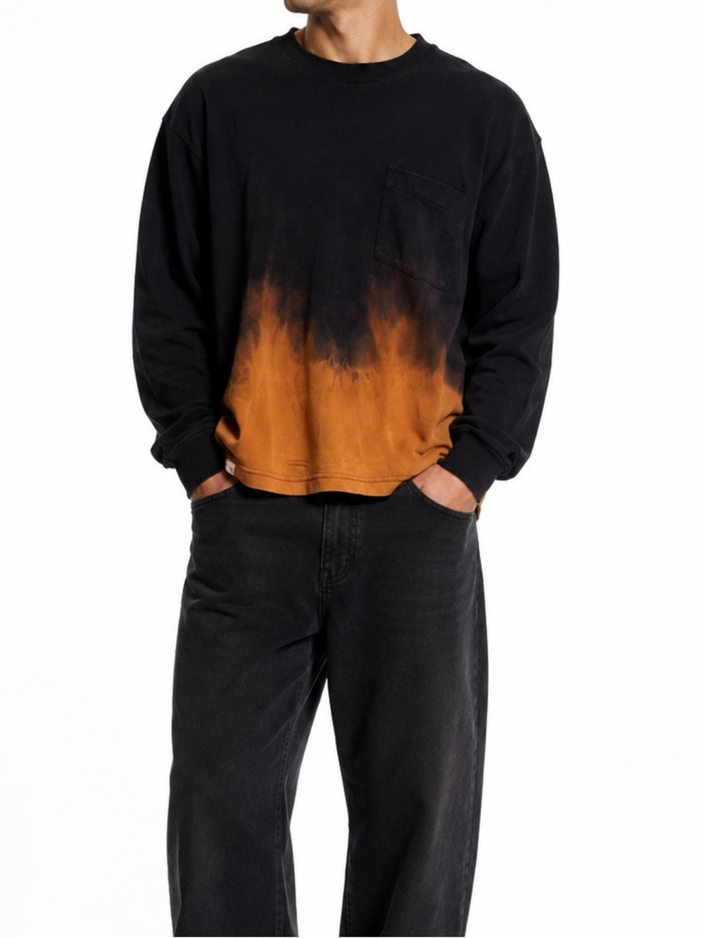 Zara T-Shirt Reverse Bleach Dyed Flame Effect Black Burnt Orange Grunge Y2K Punk